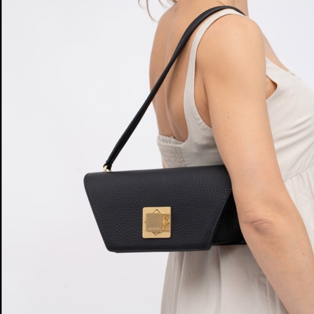 NWT ARCADIA Women’s Black LEATHER Shoulder Bag with Gold Trim Authentic